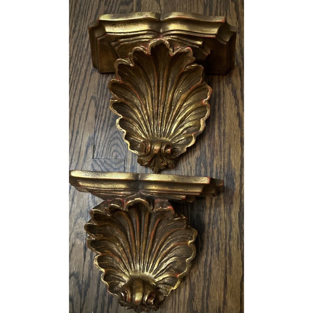 Vtg Florentina Hollywood Regency Gold Gilded Wood Scallop Shell Wall Shelf Pair